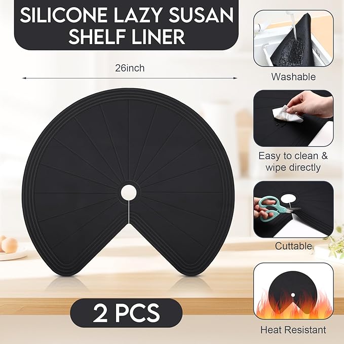 2 Pack 26 Inch Lazy Susan Shelf Liner Silicone Shelf Liner Non Adhesive Circle Kitchen Liners Non Slip Cabinet Liners for Drawer Refrigerator Cupboard Cabinet Organizers (Black)