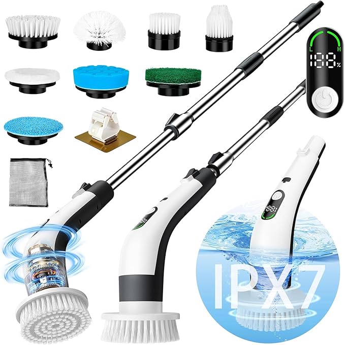 PUNOMO Electric Spin Scrubber, 2026 Upgraded Cordless Cleaning Brush Bathroom Scrubber with 8 Replaceable Brush Heads, Adjustable Long Handle Power Scrubber for Bathtub Shower Kitchen Floo