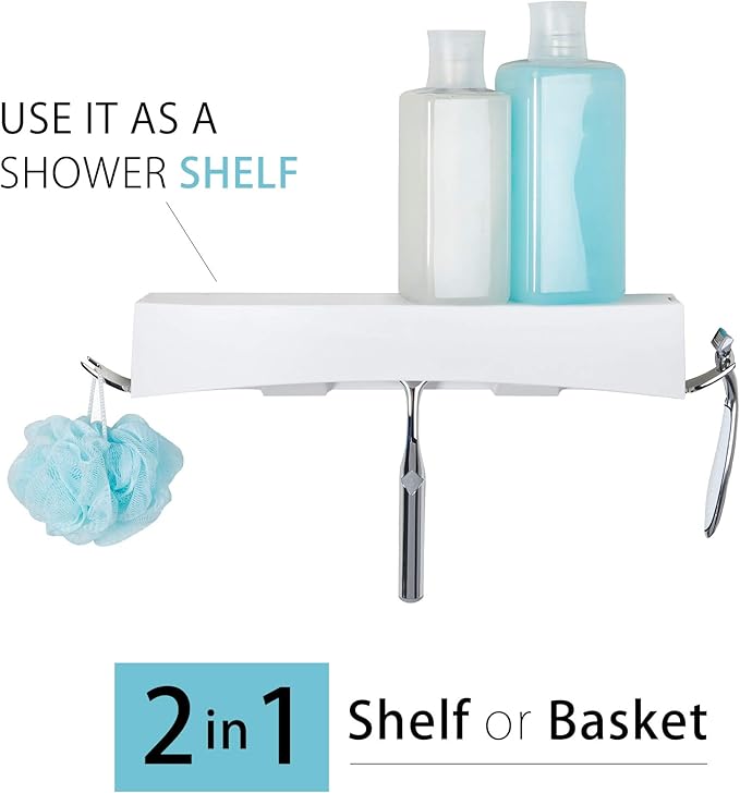 Better Living Clever Flip Shower Shelf, Basket or Shelf, Wall Mounted Shower Caddy Organizer with Removable Hooks, Multi-Purpose, No Drilling Adhesive, 16.88" x 4" x 2.88", White
