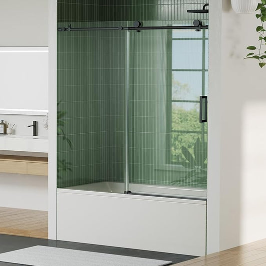 Frameless Bathtub Shower Door 56–60 inch W x 59 inch H,Shower Door Glass Sliding 60 Inches,6mm Tempered Glass, Stainless Steel,Sliding Glass Shower Door with Fixed Panel,Sliding Tub Door for Bathroom