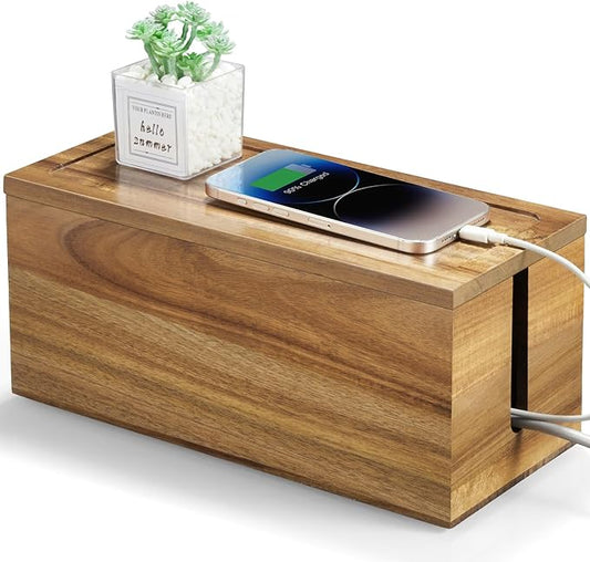 Acacia Wood Cable Management Box - Cable Organizer Box - 2 Open Slots Cords Hider Box - Under Desk Cord Organizer for Power Strip Extension Cord Surge Protector Charger Wire