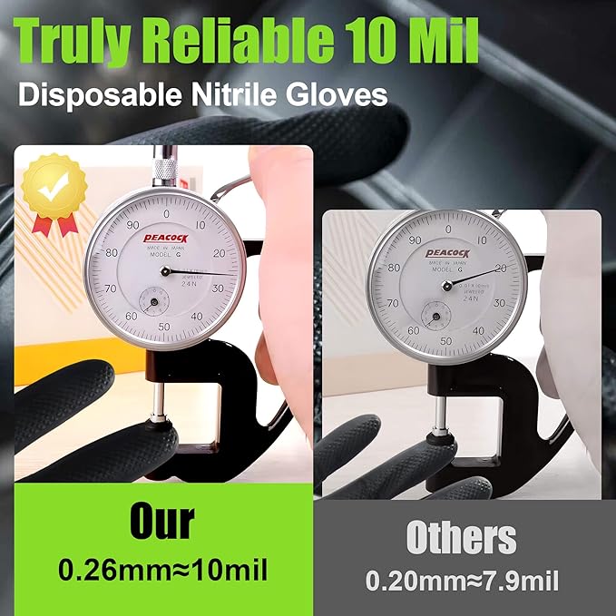 TREEGO Black Nitrile Gloves 10 Mil Heavy Duty Rubber Gloves - Raised Diamond Texture Grip for Mechanics & Industrial Work - Latex Free Disposable Gloves in Medium, 50 Count