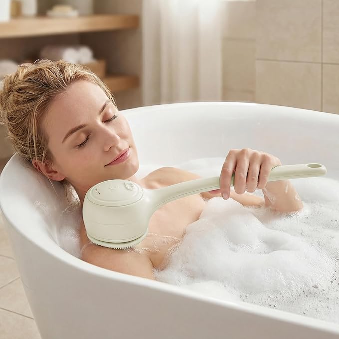 Electric Back Scrubber, Automatic Rotating Exfoliating Massage Bath Brush, Rechargeable, 2 Speed Settings for Cleansing, Exfoliating, and Massaging Skin. (Khaki)