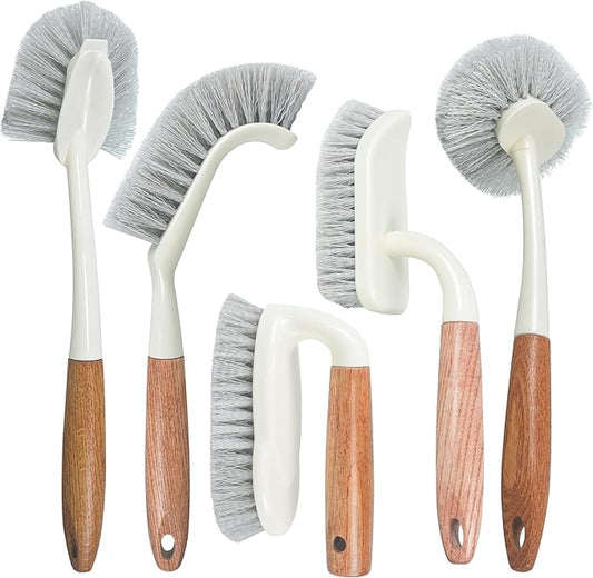 5-Pack Heavy Duty Scrub Brushes Set with Wooden Handles, Multi-Surface Scrubber for Kitchen, Bathroom, Tile & Grout, Includes Spherical, Triangle, Square & Dish Brush for Stubborn Stains