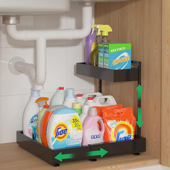 Expandable Under Sink Organizer, 2-Tier Under Cabinet Organizer, Height Adjustable Pull Out Rack for Kitchen Bathroom Laundry, Black, 1 Pack