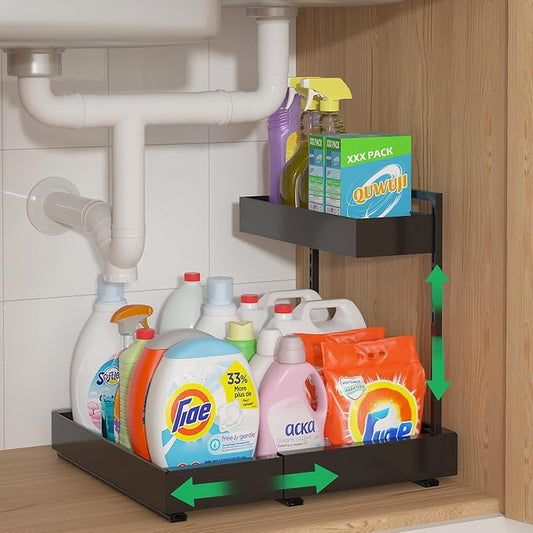 Expandable Under Sink Organizer, 2-Tier Under Cabinet Organizer, Height Adjustable Pull Out Rack for Kitchen Bathroom Laundry, Black, 1 Pack