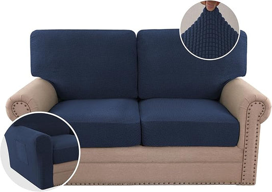 H.VERSAILTEX Multi-Pieces Sofa Covers Stretch Couch Covers Form Fitted Seats and Back Cushions Covers (2 Seat Covers Plus 2 Back Cusion Covers, Bonus 2 Armrest Covers), Navy