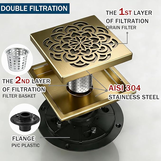 6 Inch Shower Drain, Square Shower Floor Drain Kit with Flange and Removable Cover Grate, AISI 304 Stainless Steel, Brushed Gold