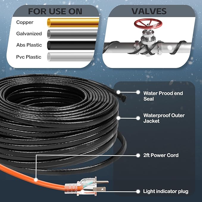 50FT（3FT-200FT）Pipe Heating Cable for Pipe Freeze Protection, Heat Cable for Water Pipes(Metal and Plastic), Pipe Heat Tape Keeps Water Flowing at -40°F 5w/ft, 120V