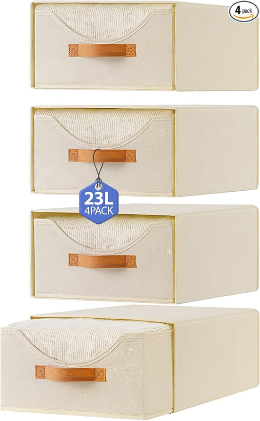 4 Pcs 16.5" Closet Drawers and Large Size Clothes Storage Bins Push-Out Storage Stackable Shelf Drawers with See-Through Window Closet Organizers for Bedroom, Living Room, Under Bed, Beige