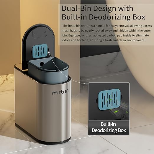 MRBIN Motion Sensor Bathroom Trash Can and Disposable Toilet Brush Holder Set, 1.8 Gallon Slim Stainless Steel Small Garbage Pail, Toilet Smart Waste Basket with Lid and Odor Filter, Eclipse Grey