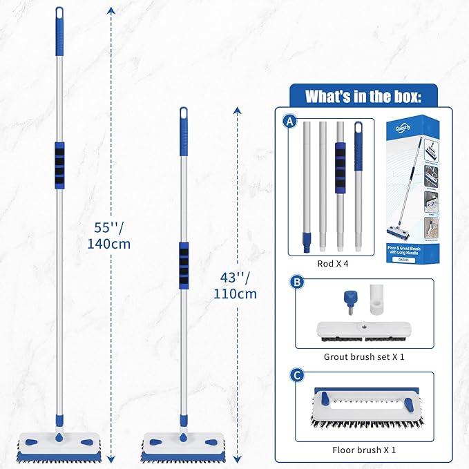 Qaestfy Floor Grout Scrub Brush with Squeegee 3 in 1, 55'' Extendable Long Handle Floor Scrubber Cleaner Brush for Scrubbing Deck, Tile, Garage, Patio, Concrete, Rug, Shower Bathroom