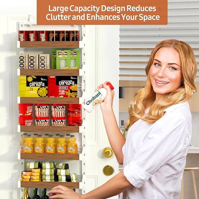 Over the Door Pantry Organizer: Pantry Organization and Storage with Hanging Basket - 9-Tier Metal Spice Rack Adjustable Shelves for Kitchen Bedroom Bathroom & Laundry Room White