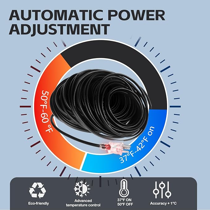 100FT（3FT-200FT）Pipe Heating Cable for Pipe Freeze Protection, Heat Cable for Water Pipes(Metal and Plastic), Pipe Heat Tape Keeps Water Flowing at -40°F 5w/ft, 120V