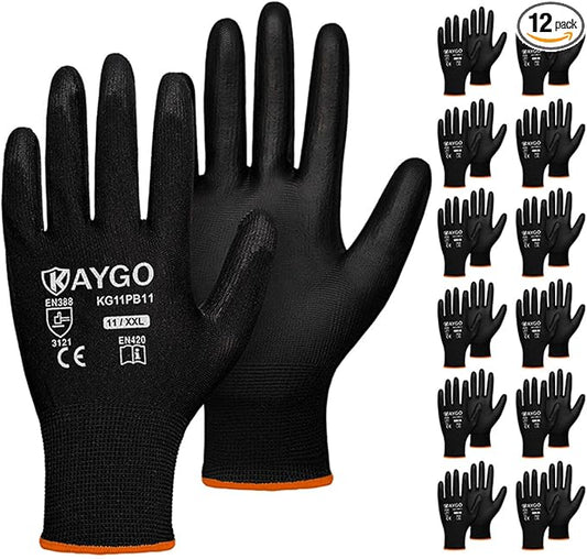KAYGO Work Gloves for Men and Women,12 Pairs Seamless Knit PU Coated Safety Gloves, with Smooth Grip on Palm and Fingers, Ideal for Light Warehouse, Manufacturing, Gardening, KG11P (2XL, Black)
