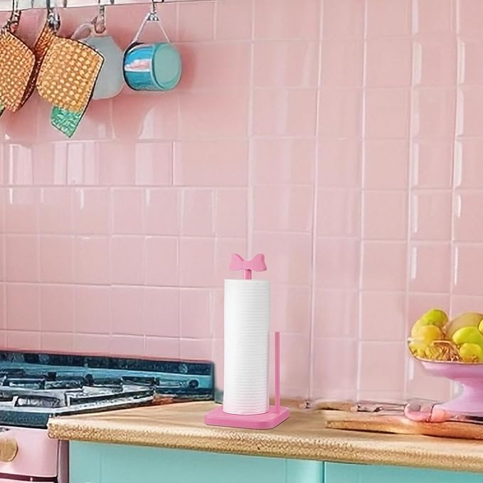 Leinuosen Pink Bow Paper Towel Holder Coquettish Cute Bow Wooden Paper Towel Holder Pink Bathroom Countertop Accessories Kitchen Roll Stand Organizer Standing Apartment Decor Housewarming Gift