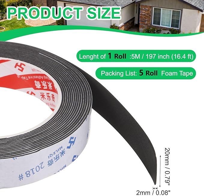 PATIKIL 5Roll Sponge Rubber Foam Tape, 25/32" W x 5/64" t x 16.4ft l Self-Adhesive Foam Insulation Tape Weather Stripping for Window Door Soundproofing Weatherstrip AC Seal Strip, Black