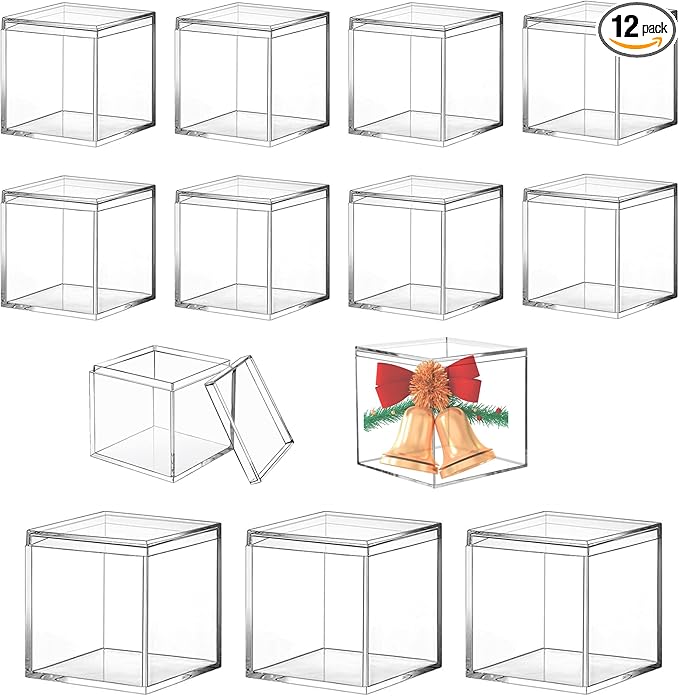 KissYou Acrylic Box Clear Boxes with Lids 12 Packs Candy Box Wedding Birthday Easter Party Favor Display Square Cube Decoration Boxes