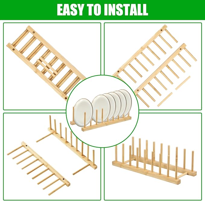 6 Pack Bamboo Dish Dying Rack 8-Slot Wooden Plate Stand Holder Pot Lid Organizer Home Kitchen Cabinet Drainer Storage Racks for Dish, Pots, Lids, Bowls, Cups, Cutting Boards, Books