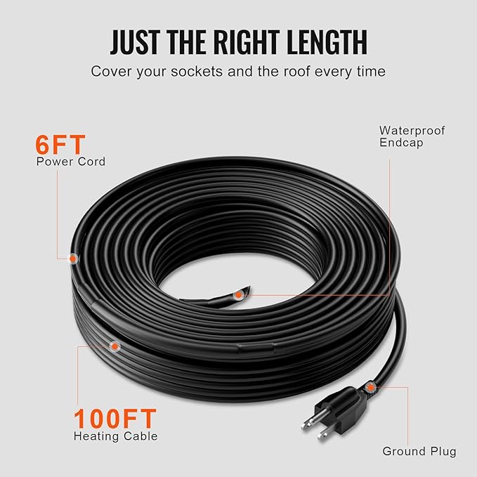 VEVOR Self-Regulating Pipe Heating Cable, 100FT 5W/FT Heat Tape for Pipes, Roof Snow Melting De-icing, Gutter and Pipe Freeze Protection