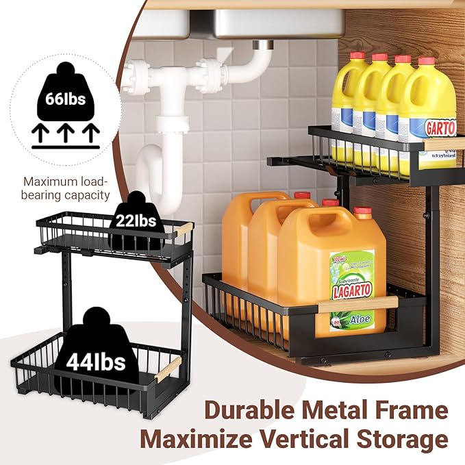 Under Sink Organizer 2-Pack Pull out Cabinet Organizer 2 Tier Metal Shelf Undersink Rack for Kitchen Bathroom Pantry Cabinet Organization and Storage, Black