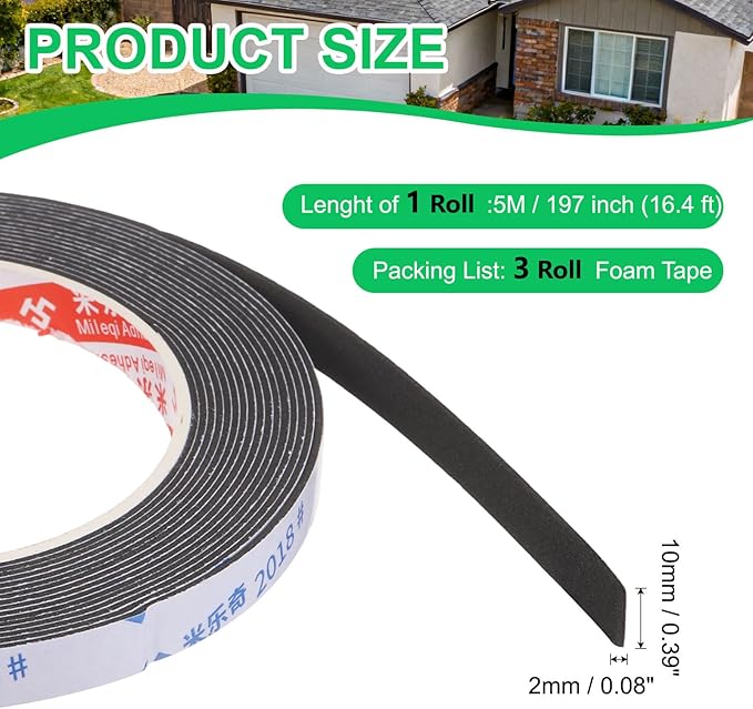 PATIKIL 3Roll Sponge Rubber Foam Tape, 3/8" W x 5/64" t x 16.4ft l Self-Adhesive Foam Insulation Tape Weather Stripping for Window Door Soundproofing Weatherstrip AC Seal Strip, Black
