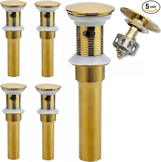 Bathroom Sink Drain, 5 Pack Gold Drain Stopper Bathroom Sink with Overflow, Pop Up Drain Assembly with Detachable Strainer Basket, Built-in Anti-Clogging Strainer,Stainless Steel