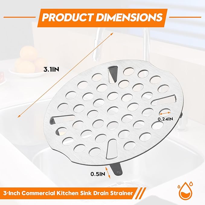 3-Inch Commercial Kitchen Sink Drain Strainer, Stainless Steel Flat Strainer, Replaces Twisted Waste Water Drain on 3-Compartment Sinks (3-Pack)