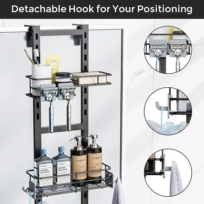 ODesign Over The Door Shower Caddy, 3-Tier Adjustable Hanging Shower Caddy with Soap Holder & 4 Hooks, Rustproof Bathroom Organizer with Suction Cup - Black