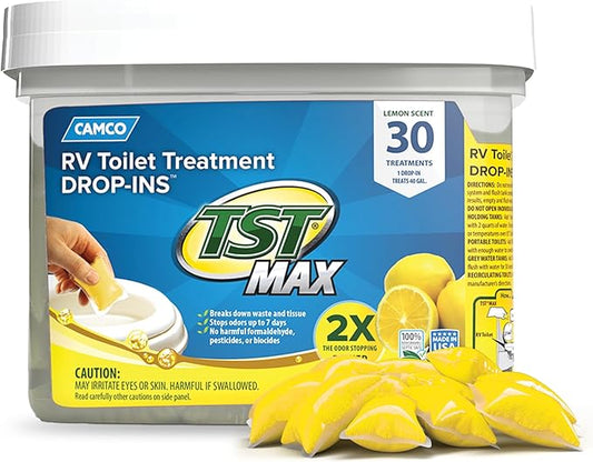 Camco TST MAX RV Toilet Treatment Drop-INs - Control Unwanted Odors & Break Down Waste and Tissue - Safe Septic Tank Treatment - Lemon Scent - 30-Count (41577)