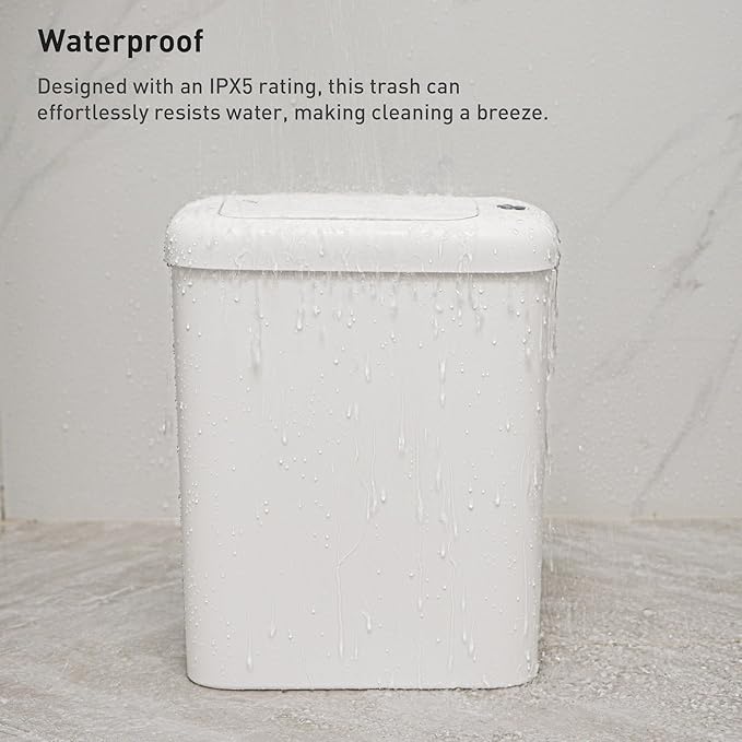 EKO Automatic Bathroom Trash Can with Lid, 2.6 Gallon Slim Touchless Garbage Can, Waterproof Motion Sensor Trash Bin for Bathroom, Office, Kitchen, White