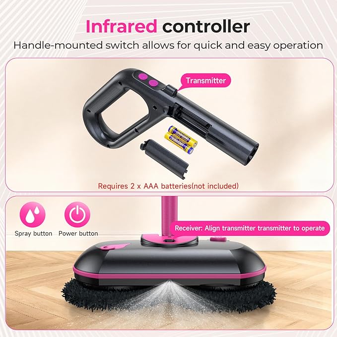 ScrubWiz Cordless Electric Mop, Electric Spin Mop with Water Spray, Powerful Floor Cleaner, Super Quiet Cleaning & Waxing, Pink and Black