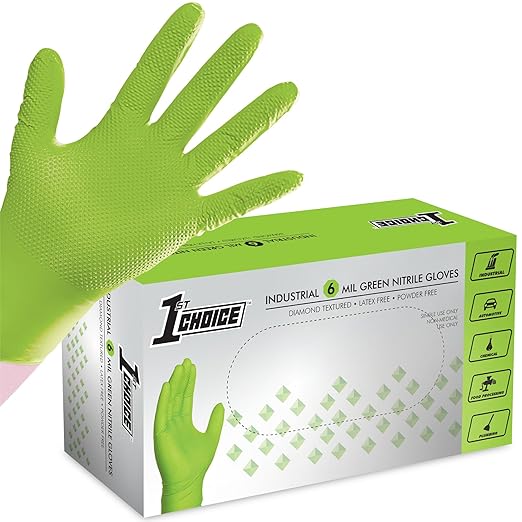 1st Choice 6 mil Green Gloves, Disposable, Latex Free, Raised Diamond Grip, Mechanic Glove for Men, XLarge, 1 Box of 100