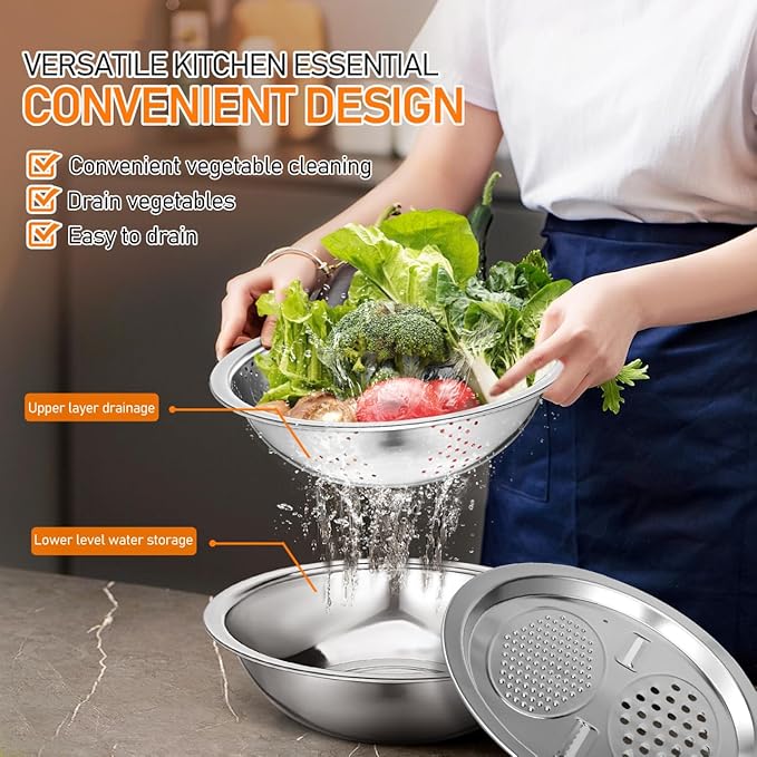 PRETYZOOM Multifunctional Draining Basket Kitchen Colander for Vegetable Fruit Salad Stainless Steel Basin Strainer