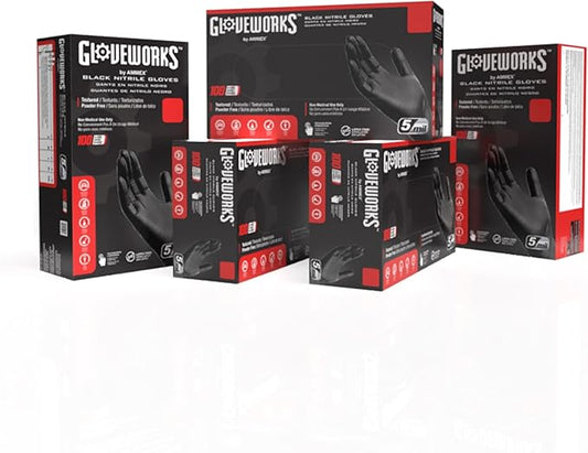 GLOVEWORKS Black Nitrile Gloves 5 Mil Disposable, Latex Free, Textured Grip for Food Service, Cooking, Professional Cleaning