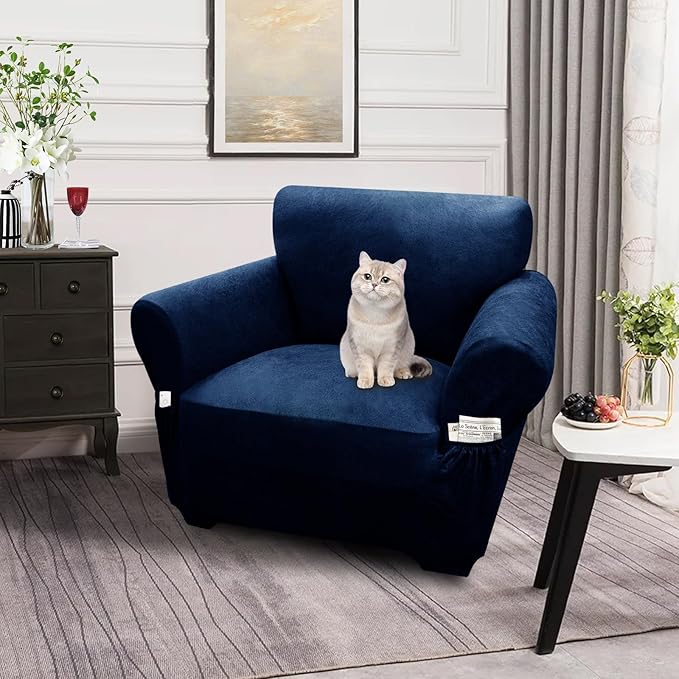 Single Sofa Cover Leather Look Chair Covers for Living Room 1-Piece Sofa Chair Covers with Arms Stretch Furniture Protector with Elastic Bottom & Pockets(Armchair, Navy)