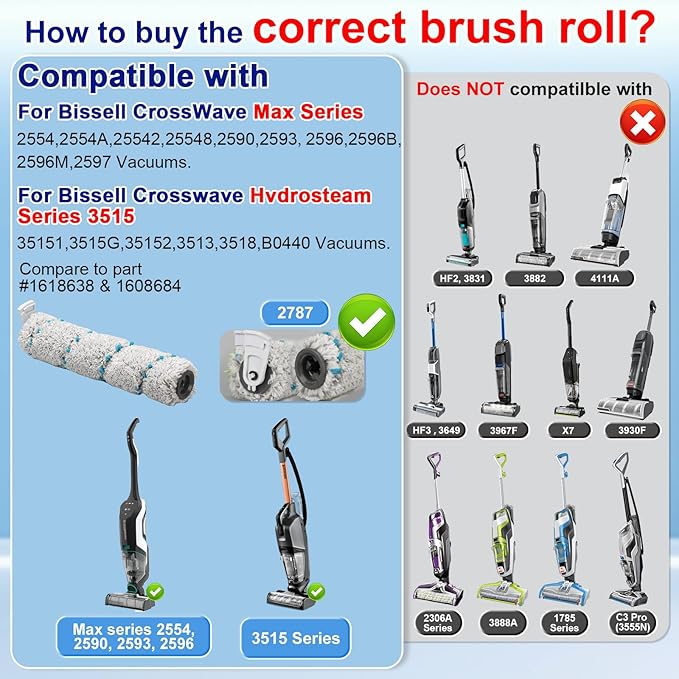 Lemige Brush and Filter Replacement Parts for Bissell CrossWave Max 2554 2590 2593 2596 for HydroSteam Plus 35151 3515 35152 3513 3518 Vacuum,3 Pack Multi-Surface Brush Rolls 2787 Vacuum Filters 1866