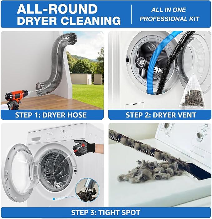 32-Feet Dryer Vent Cleaner Kit, Dryer Vent Cleaning Kit Lint Remover with Dryer Vent Brush, Vacuum Hose Attachment Cleaning Tools, Flexible Lint Trap Brush, Vacuum & Dryer Adapters