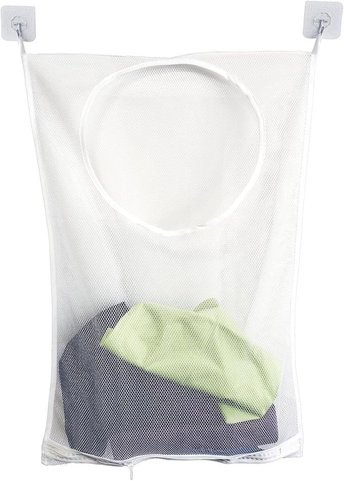 Foldable Wall Hanging Laundry Bag, Large Portable Bag for Dirty Clothes Organization, 30x20 Inch White Polyester, Ideal for Bathroom Storage & Dorm Room Organizer, with 2 Adhesive Hooks (1 Pack)