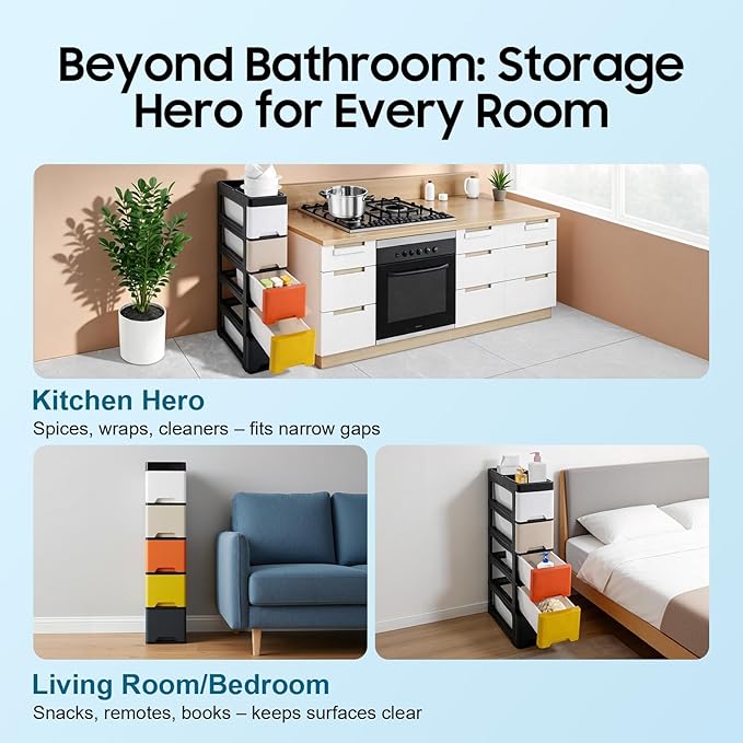 Narrow Plastic Drawers Cabinet, Multi-functional Plastic Tower Organizer with Wheels for Small Space Bathroom Bedroom Kitchen Offices Dormitory, 7 * 15 * 33in (Colorful A)