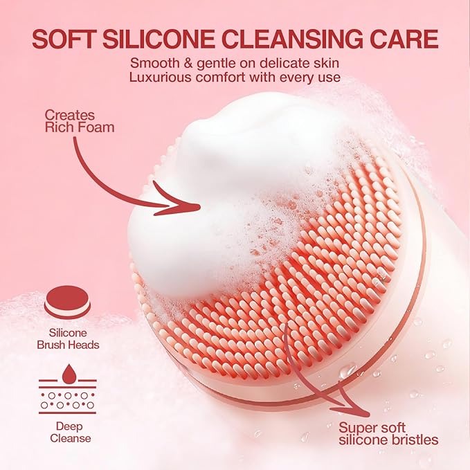 Electric Face Scrubber & Facial Cleansing Brush - 6-in-1 Exfoliating Face Scrubber Kit, 3 Speeds, IPX6 Waterproof Face Brush for Deep Cleaning, Massage & Gentle Exfoliation-Pink