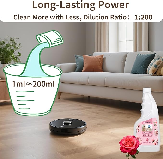 Robot Mop Cleaning Solution Concentrate Compatible with Robot Vacuums, Wet Dry Vacuums for Roborock, Roomba, Tineco, Dreame, Narwal, Shark, Bissell Mops, 33.8 FL.oz, Dilution Ratio 1:200, Rose