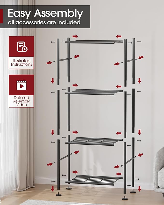 4 Tier Metal Shelf Organizer, Space-Saving, 18"x12"x44", Black