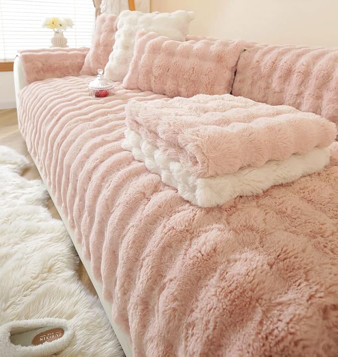 Soft Warm Faux Fur Couch Sofa Cover Thick Shaggy Fuzzy Sectional Couch Cover Non-Slip Solid Color Plush Sofa Slipcover Furniture Protector for Kids, Pets (Pink,28"x59")