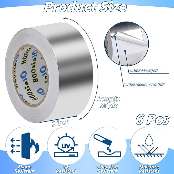 6 Pack Aluminum Foil Tape Bulk - 2 Inch x 55 Yards - Heavy Duty Metal Duct Tape, Aluminum HVAC Tape for Sealing & Patching, Air Ducts, Insulation Metal Repair, Professional Grade