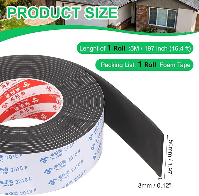 PATIKIL Sponge Rubber Foam Tape, 1 31/32" W x 1/8" t x 16.4ft l Self-Adhesive Foam Insulation Tape Weather Stripping for Window Door Soundproofing Weatherstrip AC Seal Strip, Black