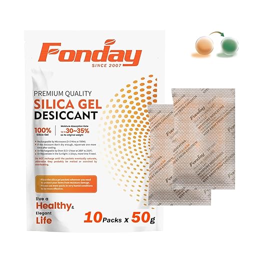 50g x 10 packs Fonday Rechargeable Silica Gel Desiccant Packets Food Grade Fast Reactivate Desiccant Bags Moisture Indicating Orange to Green