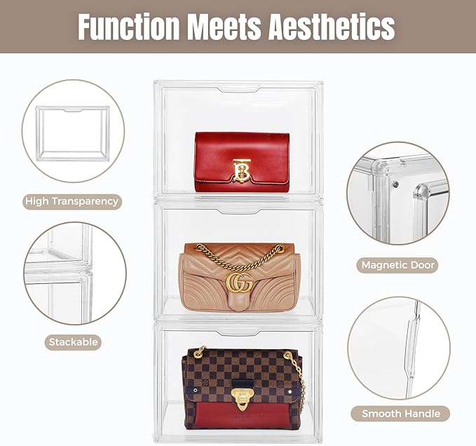 3 Pack Clear Acrylic Purse Organizer for Closet, Stackable Handbag Storage Boxes with Magnetic Doors, Dustproof Display Cases for Bags, Shoes & Collectibles