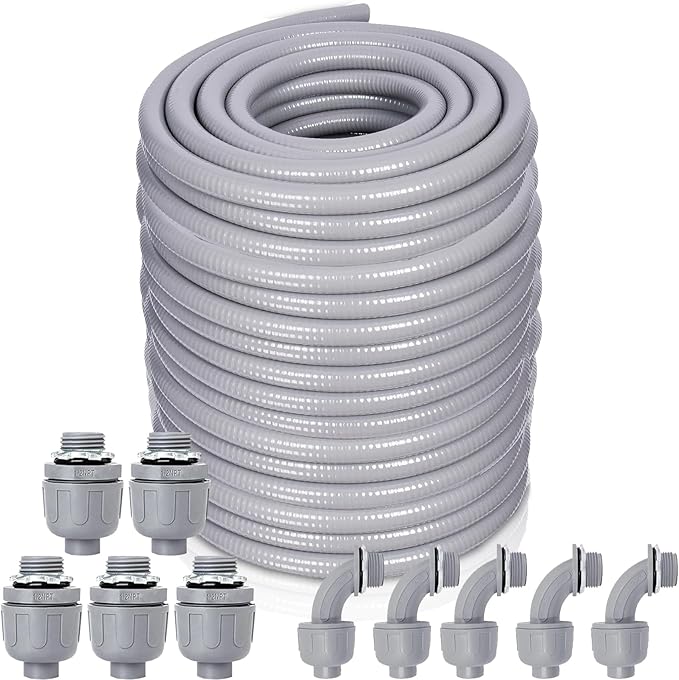 Liquid-Tight Conduit and Connector Kit - 1/2 Inch 150 FT Non Metallic Liquid Tight Electrical Conduit with 5 Straight and 5 Angle Fittings