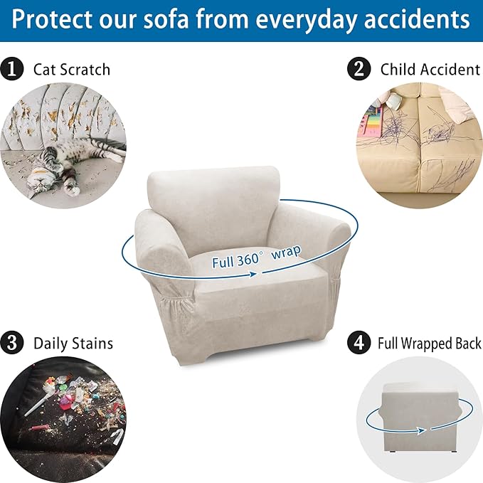 Single Sofa Cover Leather Look Chair Covers for Living Room 1-Piece Sofa Chair Covers with Arms Stretch Furniture Protector with Elastic Bottom & Pockets(Armchair, Beige)